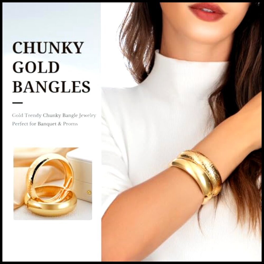 Chunky Gold Cuff Bracelets Set Stackable Statemen… - image 3